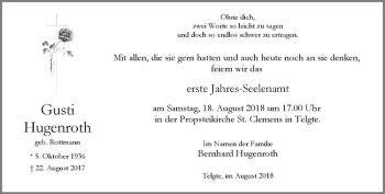 Anzeige von Gusti Hugenroth von Westfälische Nachrichten