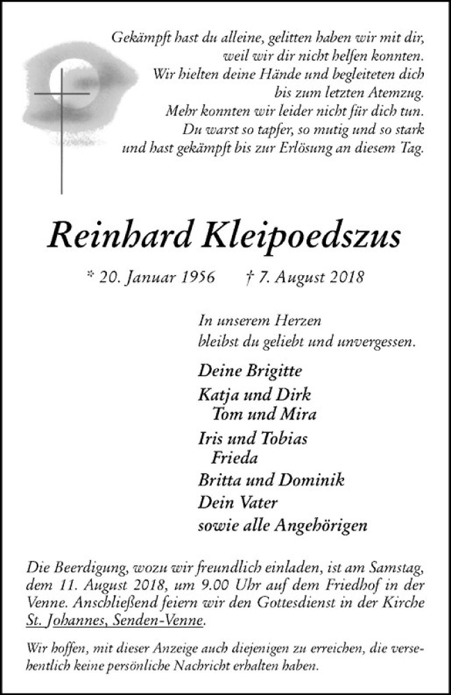  Traueranzeige für Reinhard Kleipoedszus vom 11.08.2018 aus Westfälische Nachrichten