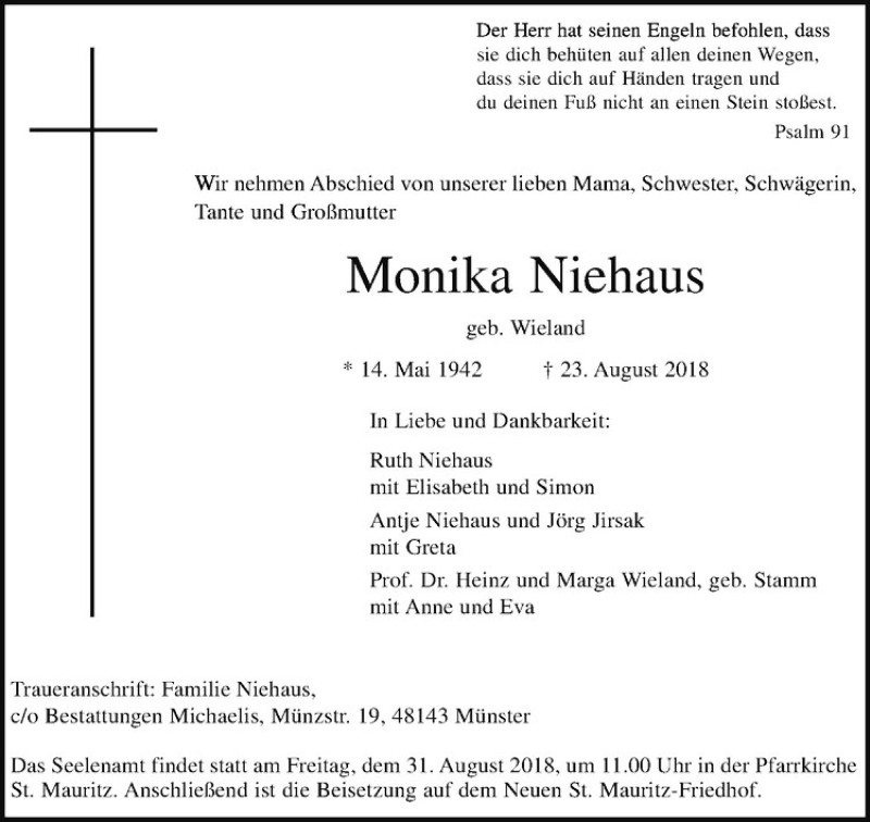  Traueranzeige für Monika Niehaus vom 29.08.2018 aus Westfälische Nachrichten