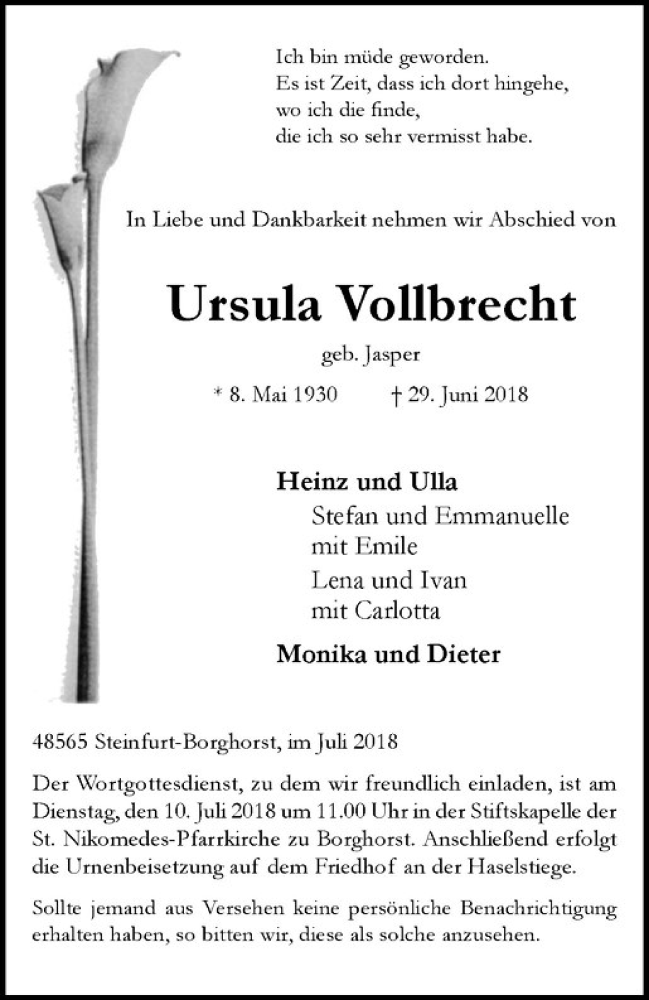 Traueranzeige für Ursula Vollbrecht vom 05.07.2018 aus Westfälische Nachrichten