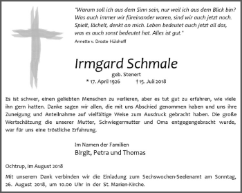 Anzeige von Irmgard Schmale von Westfälische Nachrichten