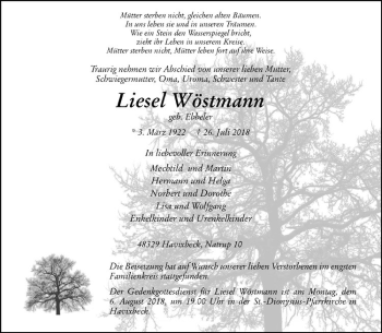 Anzeige von Liesel Wöstmann von Westfälische Nachrichten