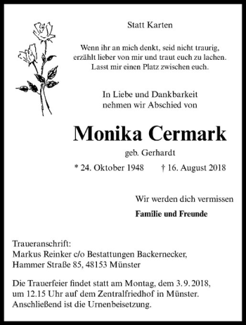 Anzeige von Monika Cermark von Westfälische Nachrichten