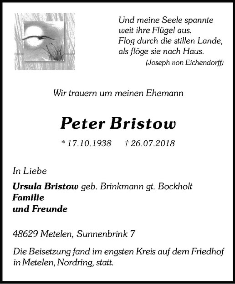  Traueranzeige für Peter Bristow vom 06.08.2018 aus Westfälische Nachrichten