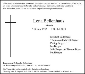 Anzeige von Lena Bellenhaus von Westfälische Nachrichten