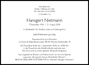 Anzeige von Hansgert Nietmann von Westfälische Nachrichten