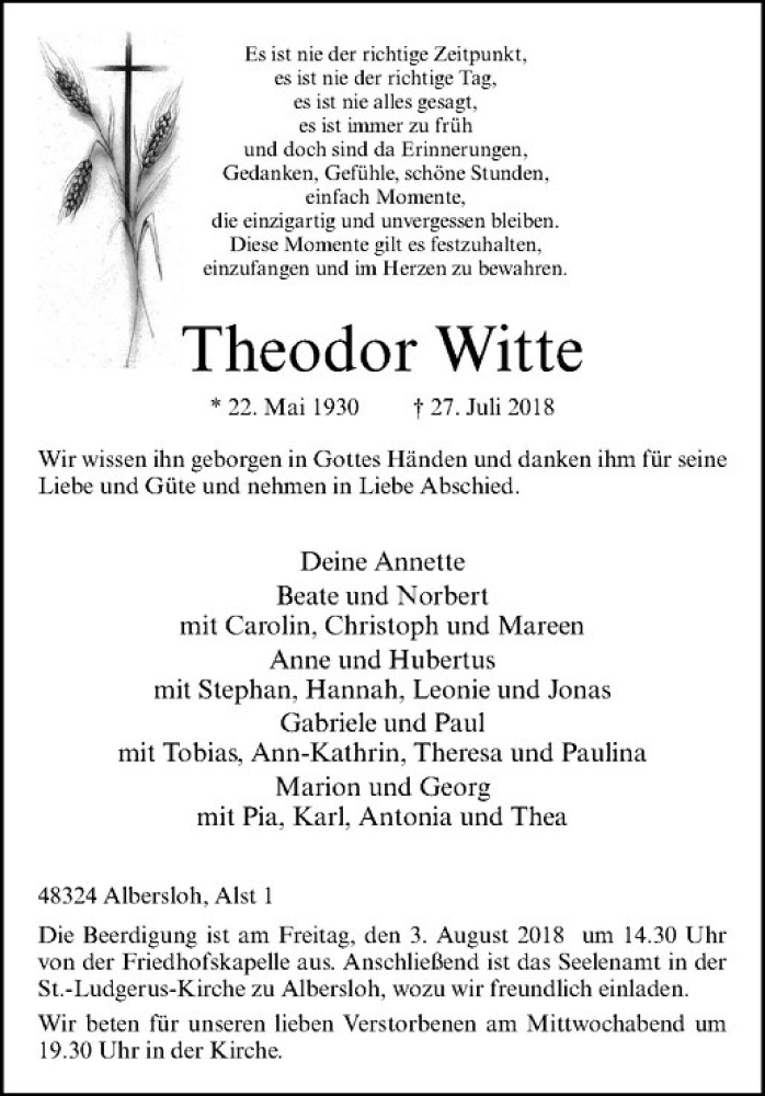  Traueranzeige für Theodor Witte vom 01.08.2018 aus Westfälische Nachrichten