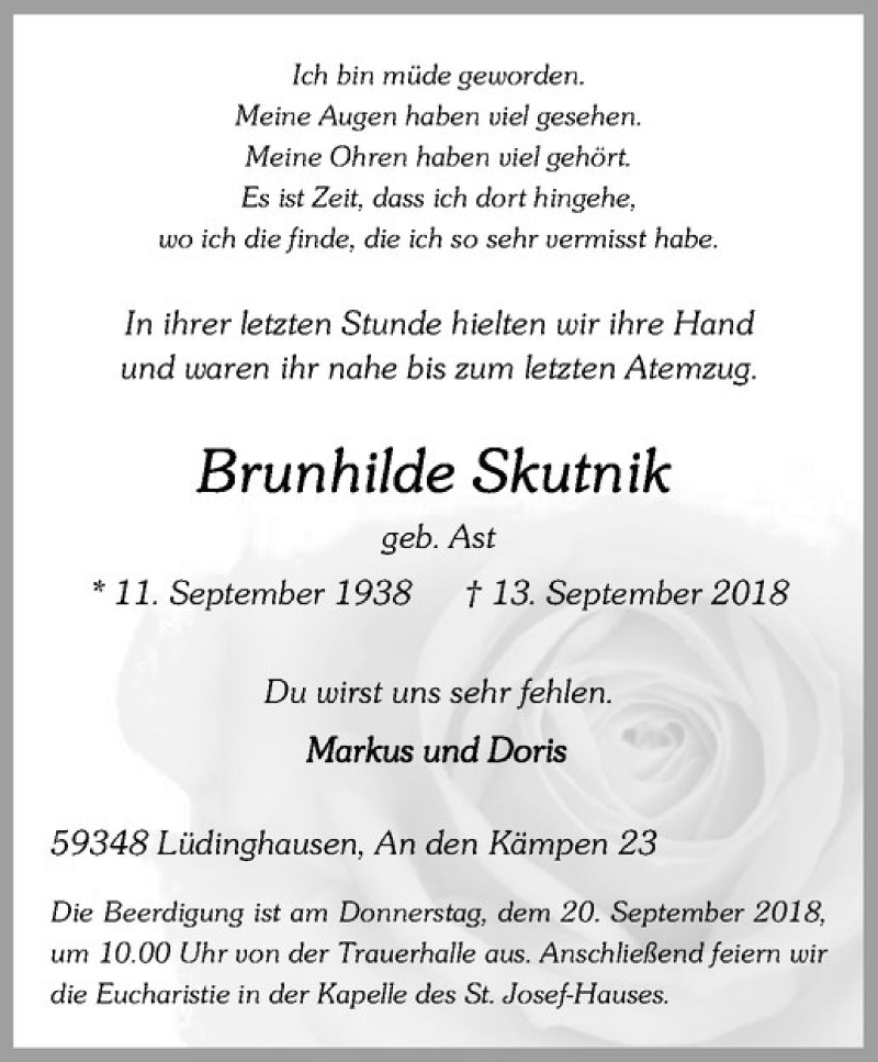  Traueranzeige für Brunhilde Skutnik vom 18.09.2018 aus Westfälische Nachrichten