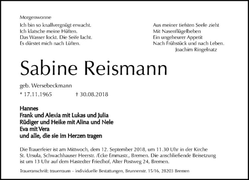  Traueranzeige für Sabine Reismann vom 08.09.2018 aus Westfälische Nachrichten