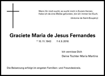 Anzeige von Graciete Maria de Jesus Fernandes von Westfälische Nachrichten