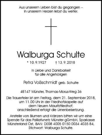 Anzeige von Walburga Schulte von Westfälische Nachrichten