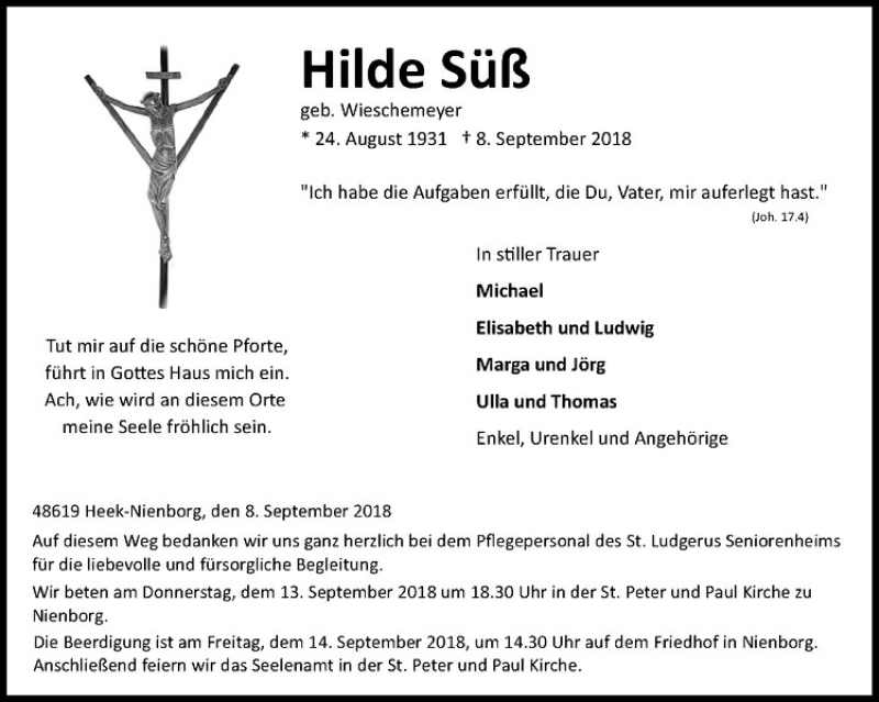  Traueranzeige für Hilde Süß vom 13.09.2018 aus Westfälische Nachrichten