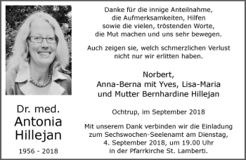 Anzeige von Antonia Hillejan von Westfälische Nachrichten