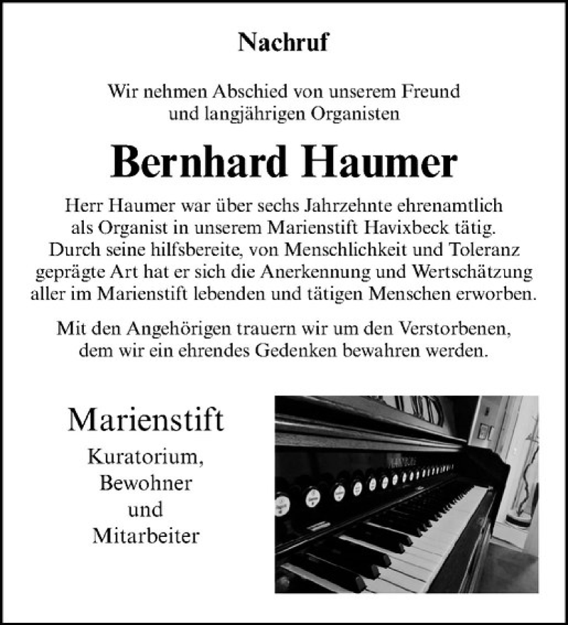  Traueranzeige für Bernhard Haumer vom 05.09.2018 aus Westfälische Nachrichten