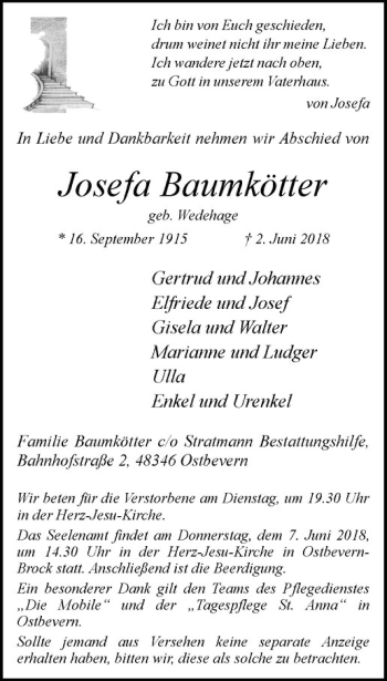 Anzeige von Josefa Baumkötter von Westfälische Nachrichten