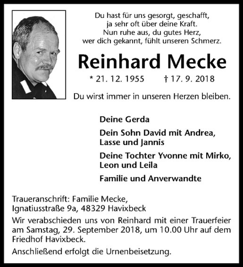  Traueranzeige für Reinhard Mecke vom 22.09.2018 aus Westfälische Nachrichten