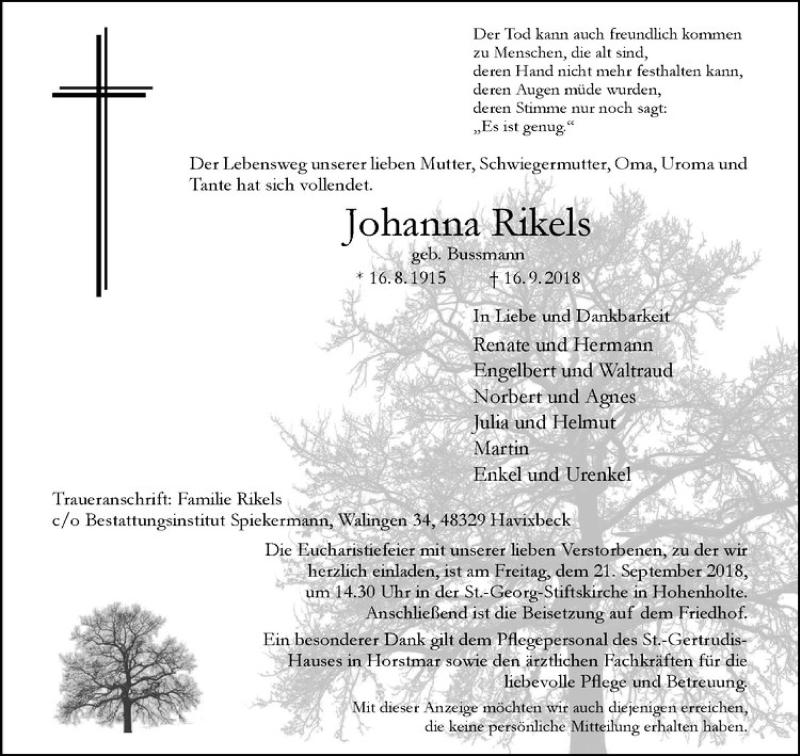  Traueranzeige für Johanna Rikels vom 19.09.2018 aus Westfälische Nachrichten