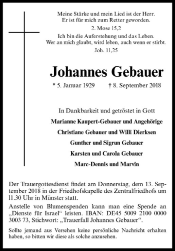 Anzeige von Johannes Gebauer von Westfälische Nachrichten