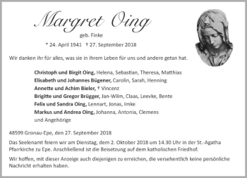 Anzeige von Margret Oing von Westfälische Nachrichten