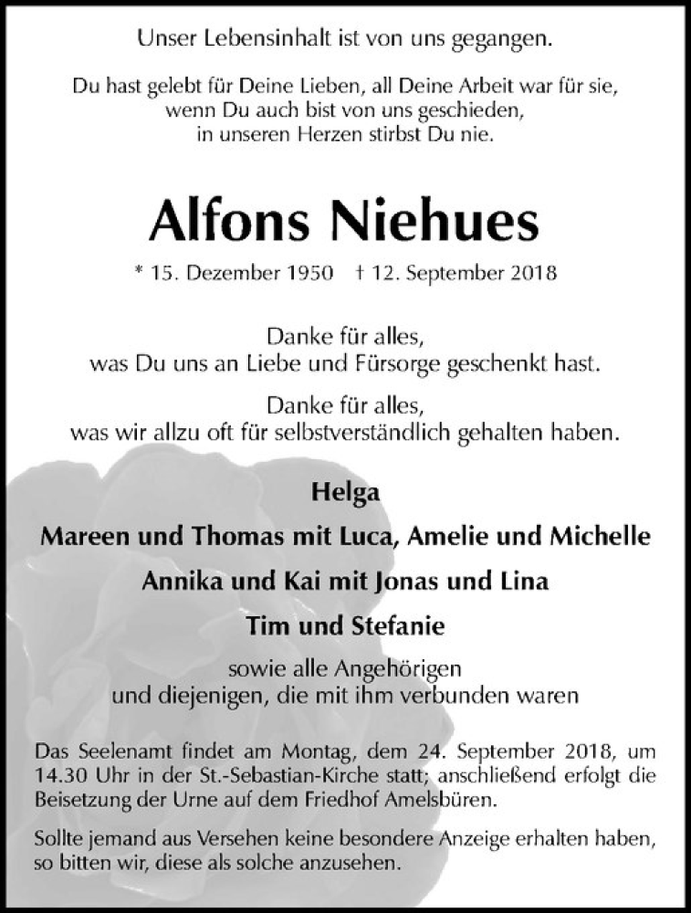  Traueranzeige für Alfons Niehues vom 21.09.2018 aus Westfälische Nachrichten