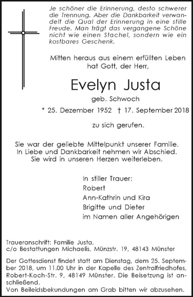  Traueranzeige für Evelyn Justa vom 22.09.2018 aus Westfälische Nachrichten