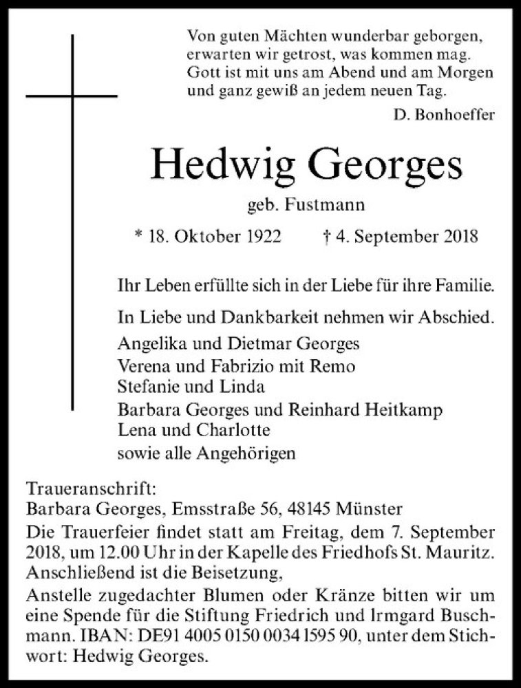  Traueranzeige für Hedwig Georges vom 06.09.2018 aus Westfälische Nachrichten