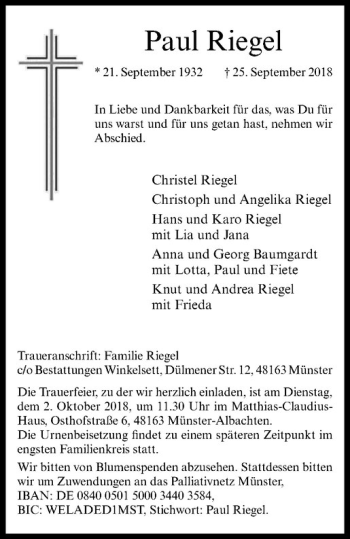 Anzeige von Paul Riegel von Westfälische Nachrichten