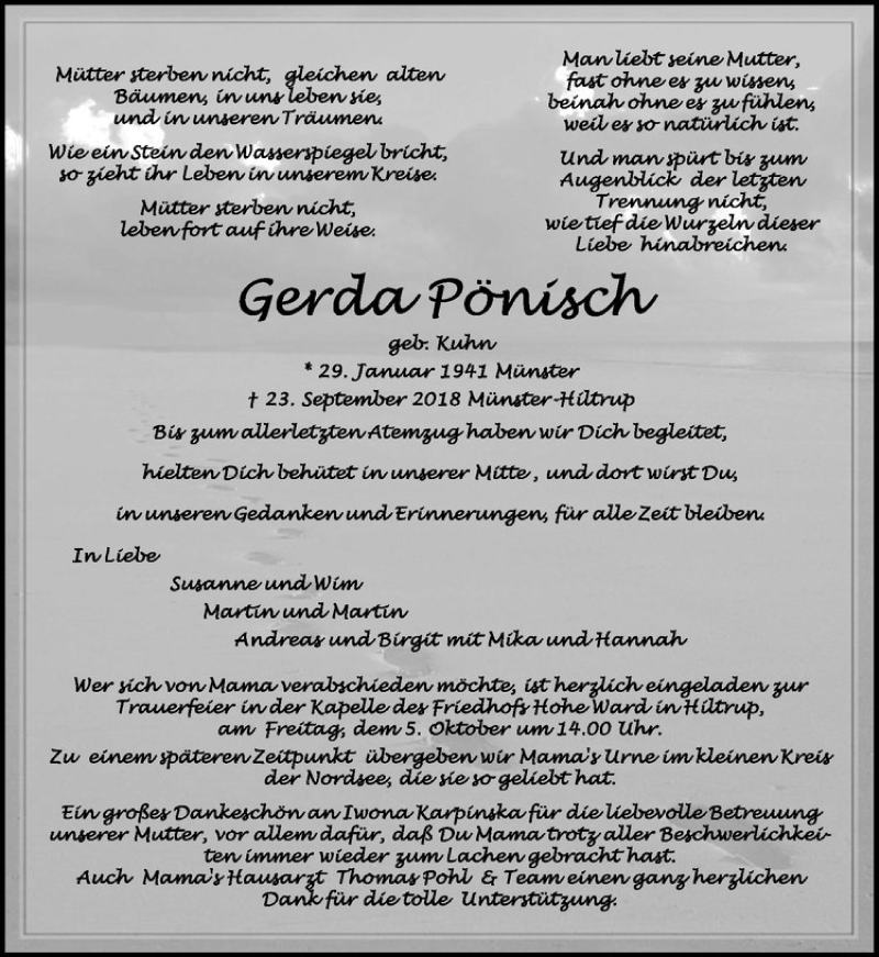  Traueranzeige für Gerda Pönisch vom 29.09.2018 aus Westfälische Nachrichten