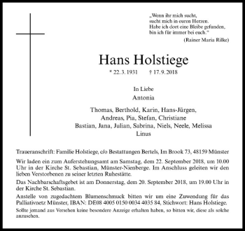 Anzeige von Hans Holstiege von Westfälische Nachrichten