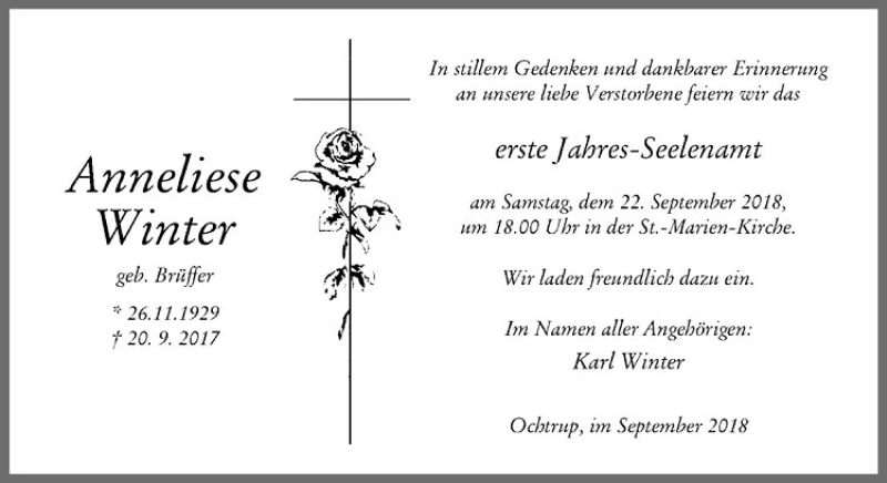  Traueranzeige für Anneliese Winter vom 19.09.2018 aus Westfälische Nachrichten