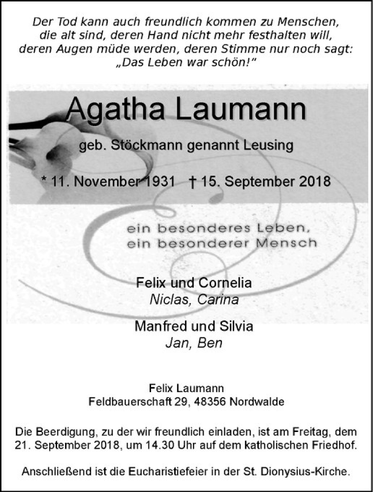  Traueranzeige für Agatha Laumann vom 18.09.2018 aus Westfälische Nachrichten