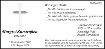 Anzeige von Margret Zurstraßen von Westfälische Nachrichten