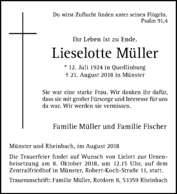 Anzeige von Lieselotte Müller von Westfälische Nachrichten