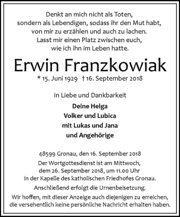 Anzeige von Erwiin Franzkowiak von Westfälische Nachrichten