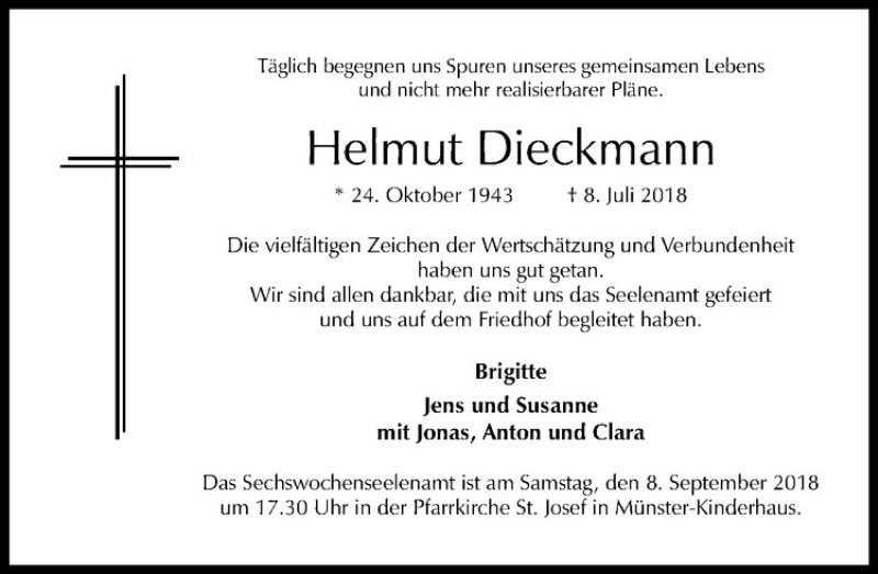  Traueranzeige für Helmut Dieckmann vom 01.09.2018 aus Westfälische Nachrichten