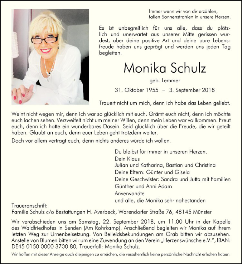  Traueranzeige für Monika Schulz vom 15.09.2018 aus Westfälische Nachrichten