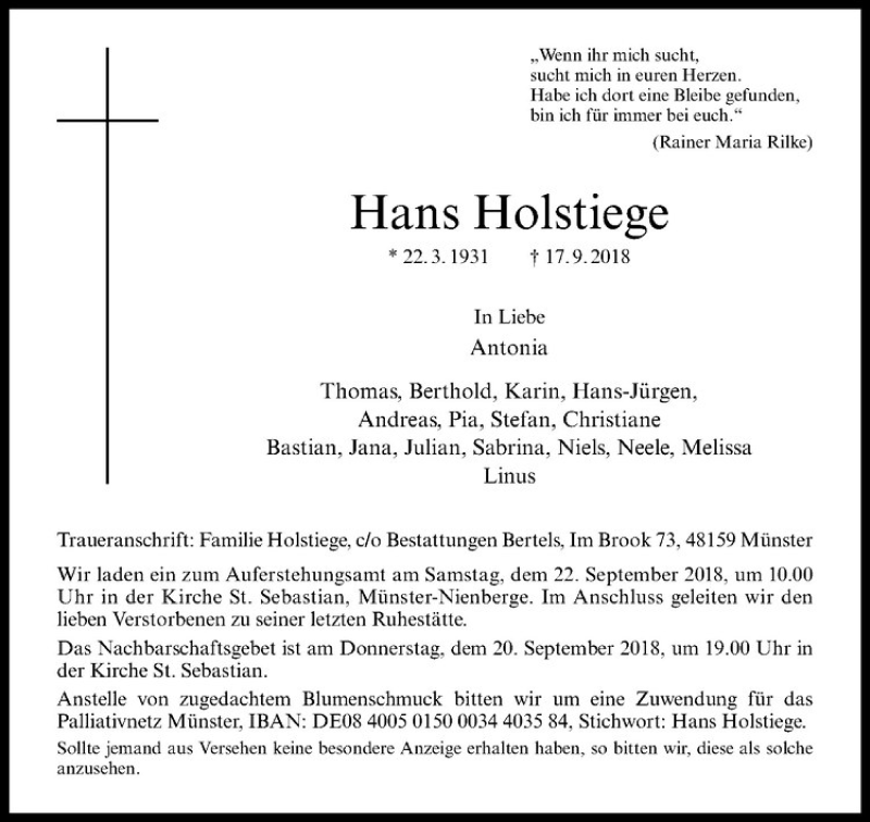  Traueranzeige für Hans Holstiege vom 19.09.2018 aus Westfälische Nachrichten