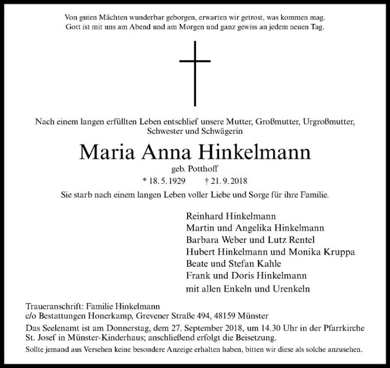  Traueranzeige für Maria Anna Hinkelmann vom 25.09.2018 aus Westfälische Nachrichten