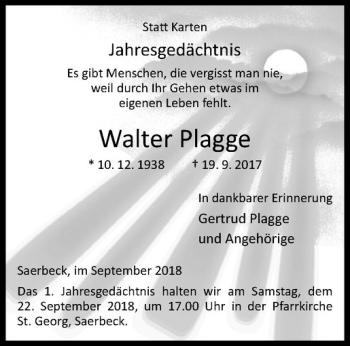 Anzeige von Walter Plagge von Westfälische Nachrichten