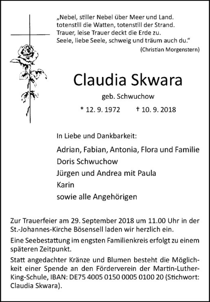  Traueranzeige für Claudia Skwara vom 22.09.2018 aus Westfälische Nachrichten