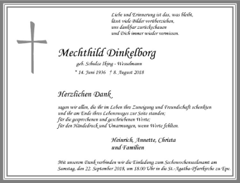 Anzeige von Mechthild Dinkelborg von Westfälische Nachrichten