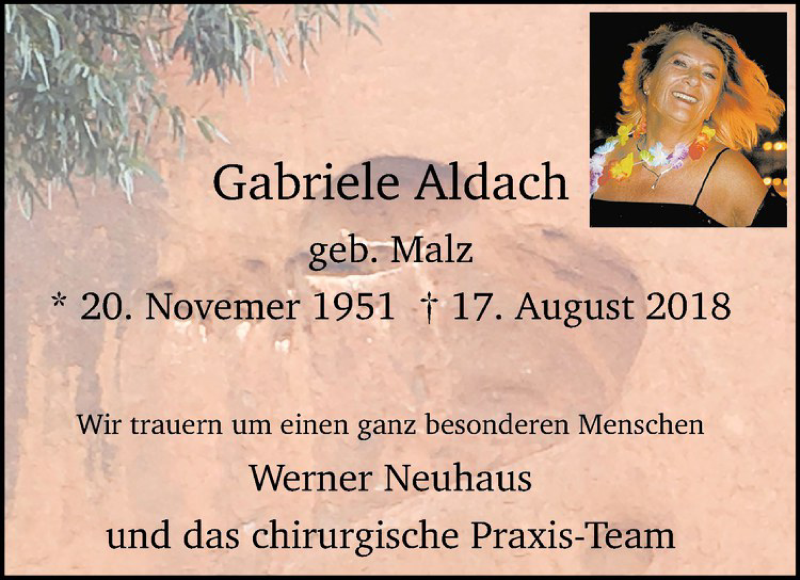  Traueranzeige für Gabriele Aldach vom 01.09.2018 aus Westfälische Nachrichten
