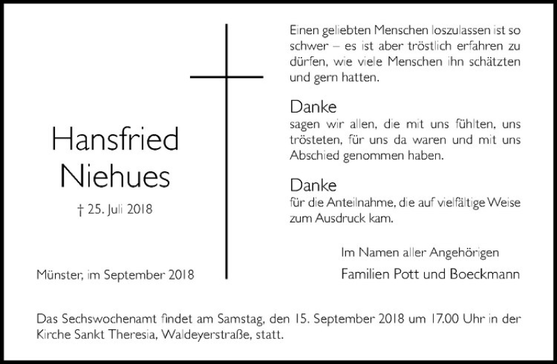  Traueranzeige für Hansfried Niehues vom 08.09.2018 aus Westfälische Nachrichten