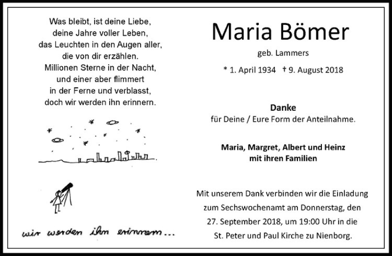  Traueranzeige für Maria Bömer vom 22.09.2018 aus Westfälische Nachrichten