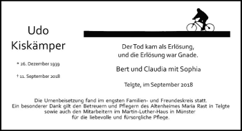 Anzeige von Udo Kiskämper von Westfälische Nachrichten