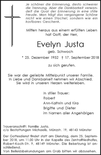 Anzeige von Evelyn Justa von Westfälische Nachrichten