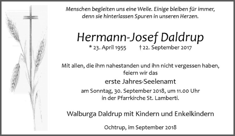  Traueranzeige für Hermann-Josef Daldrup vom 26.09.2018 aus Westfälische Nachrichten