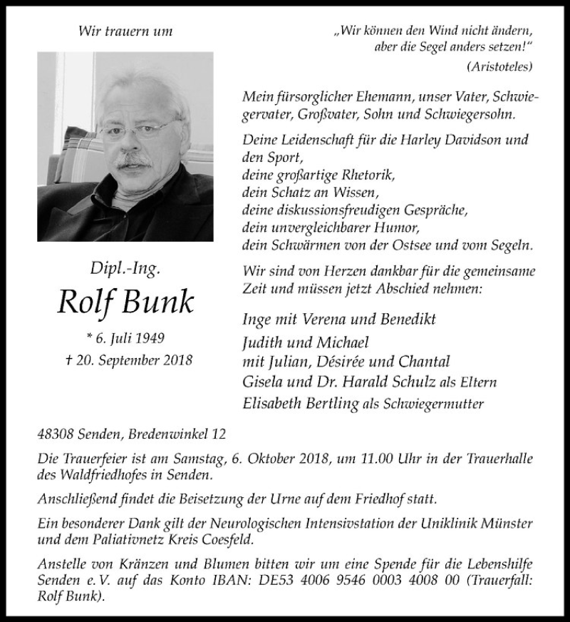  Traueranzeige für Rolf Bunk vom 29.09.2018 aus Westfälische Nachrichten