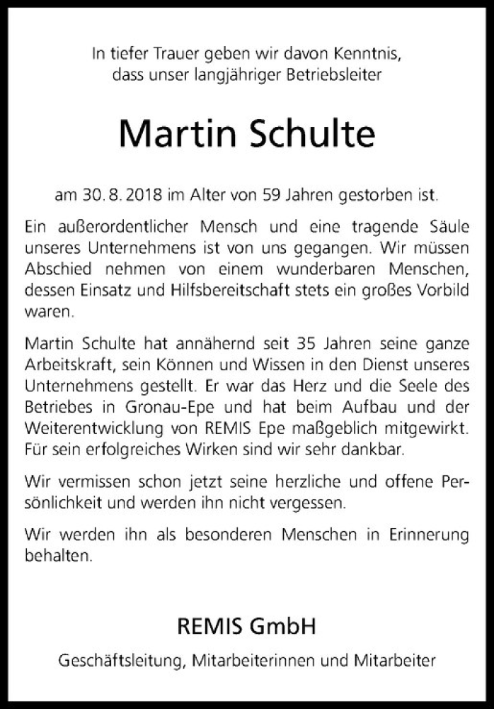  Traueranzeige für Martin Schulte vom 05.09.2018 aus Westfälische Nachrichten