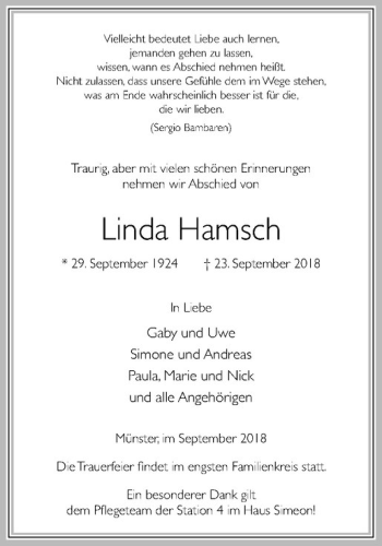 Anzeige von Linda Hamsch von Westfälische Nachrichten